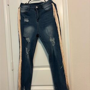 Boots On The Ground Distressed Blue Jeans with Fringe!